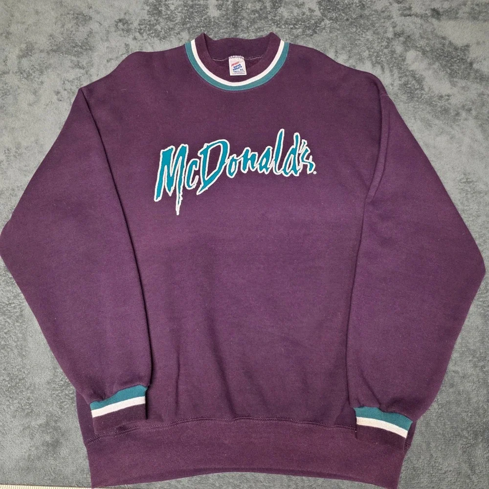 Rare Vintage McDonalds 90s Sweatshirt Size XL Ringer Purple Jerzees Super Sweats